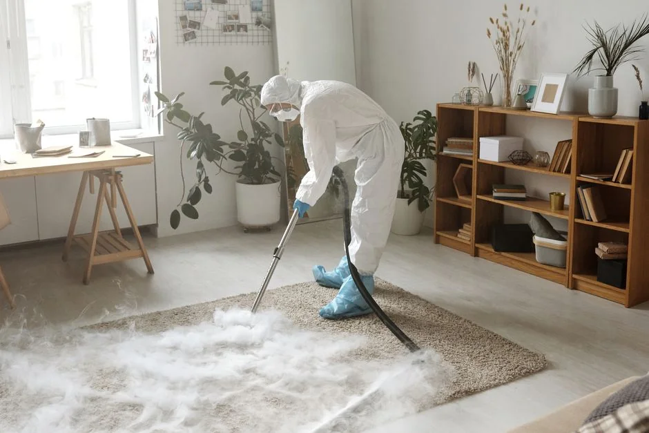 heros-img Individual in protective gear cleaning microwave using spray bottle and cloth indoors.